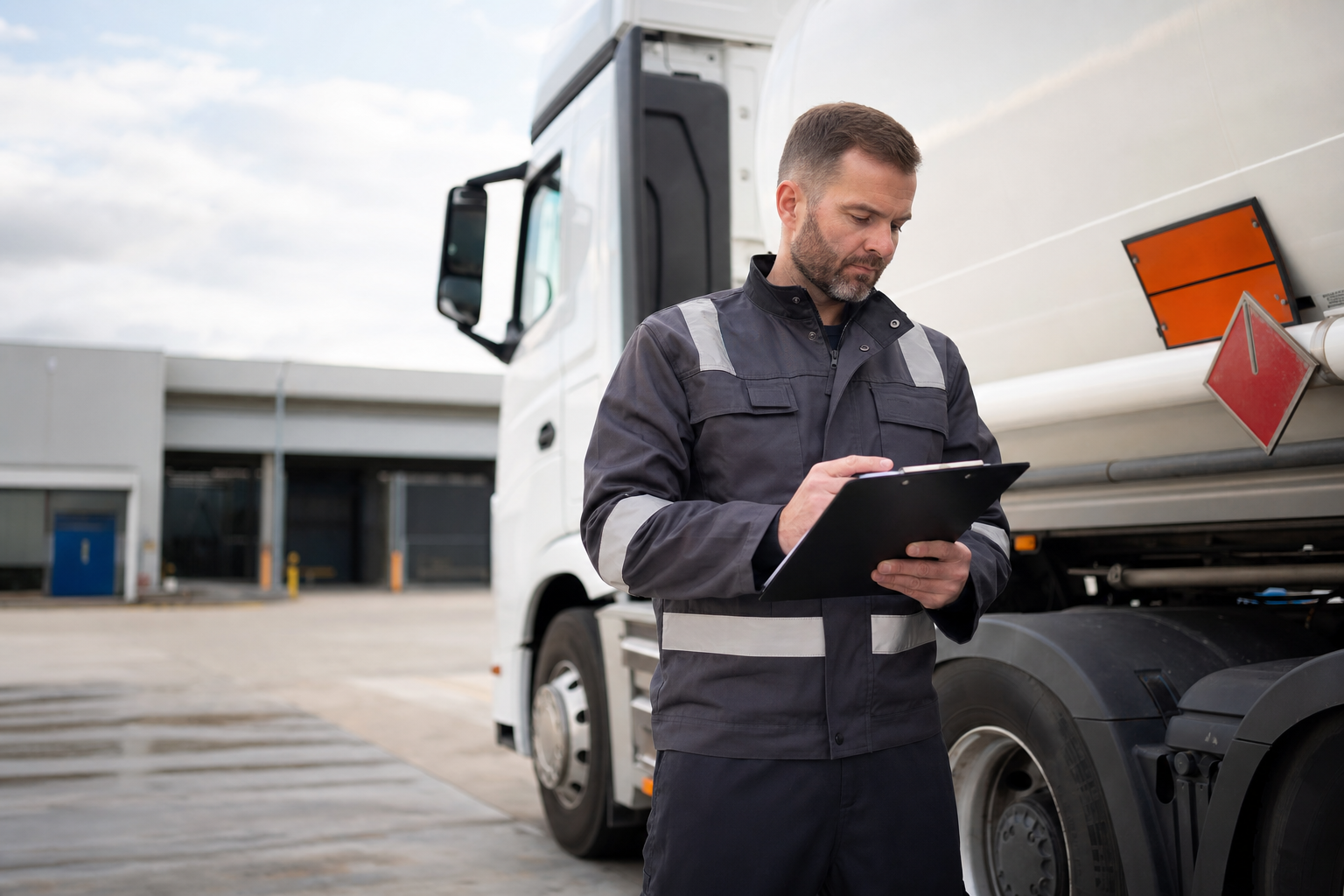 ADR dangerous goods driver revising or preparing in a professional transport setting